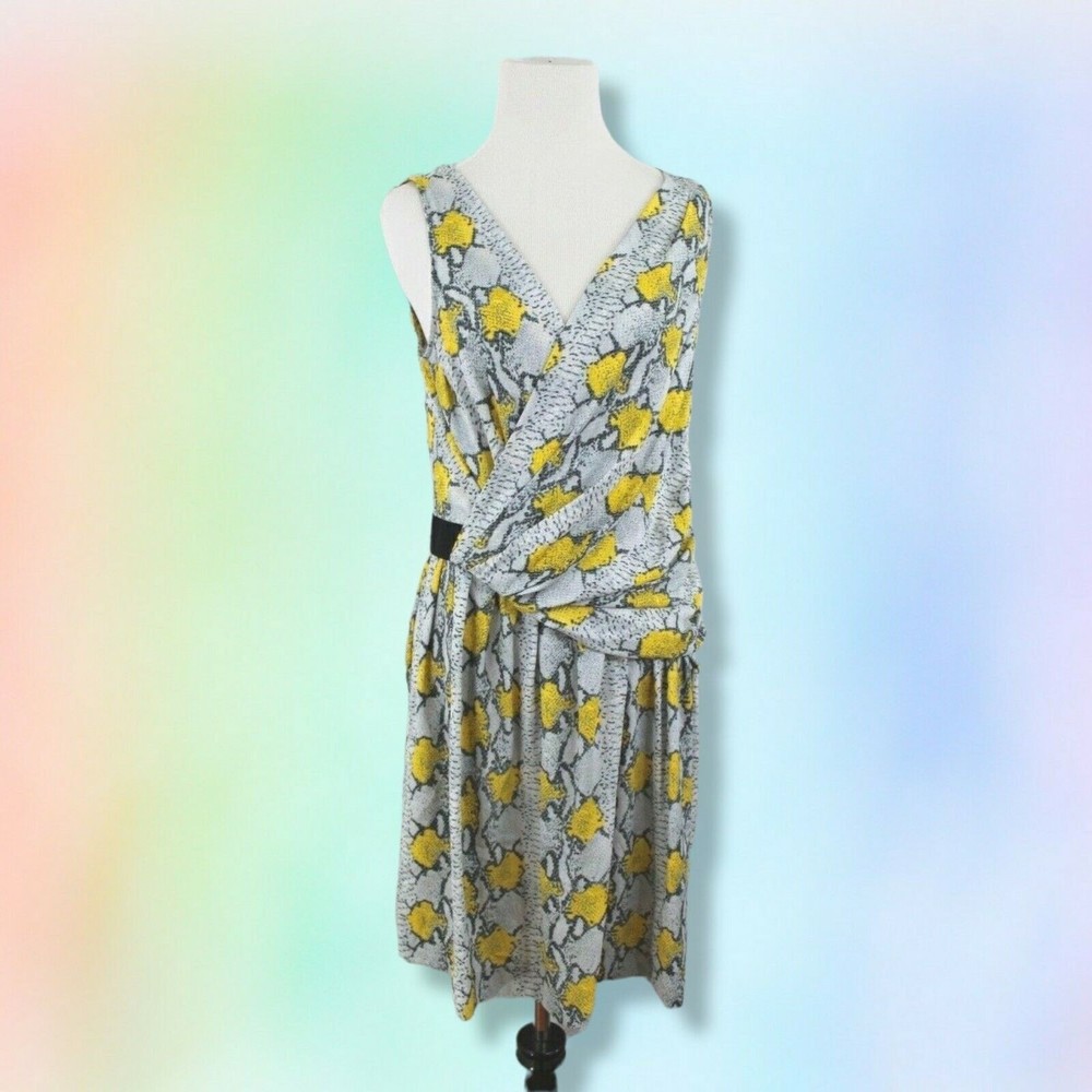 Rachel Roy Dress Size 4 Gray &Yellow Snake Skin Print Short Faux Wrap